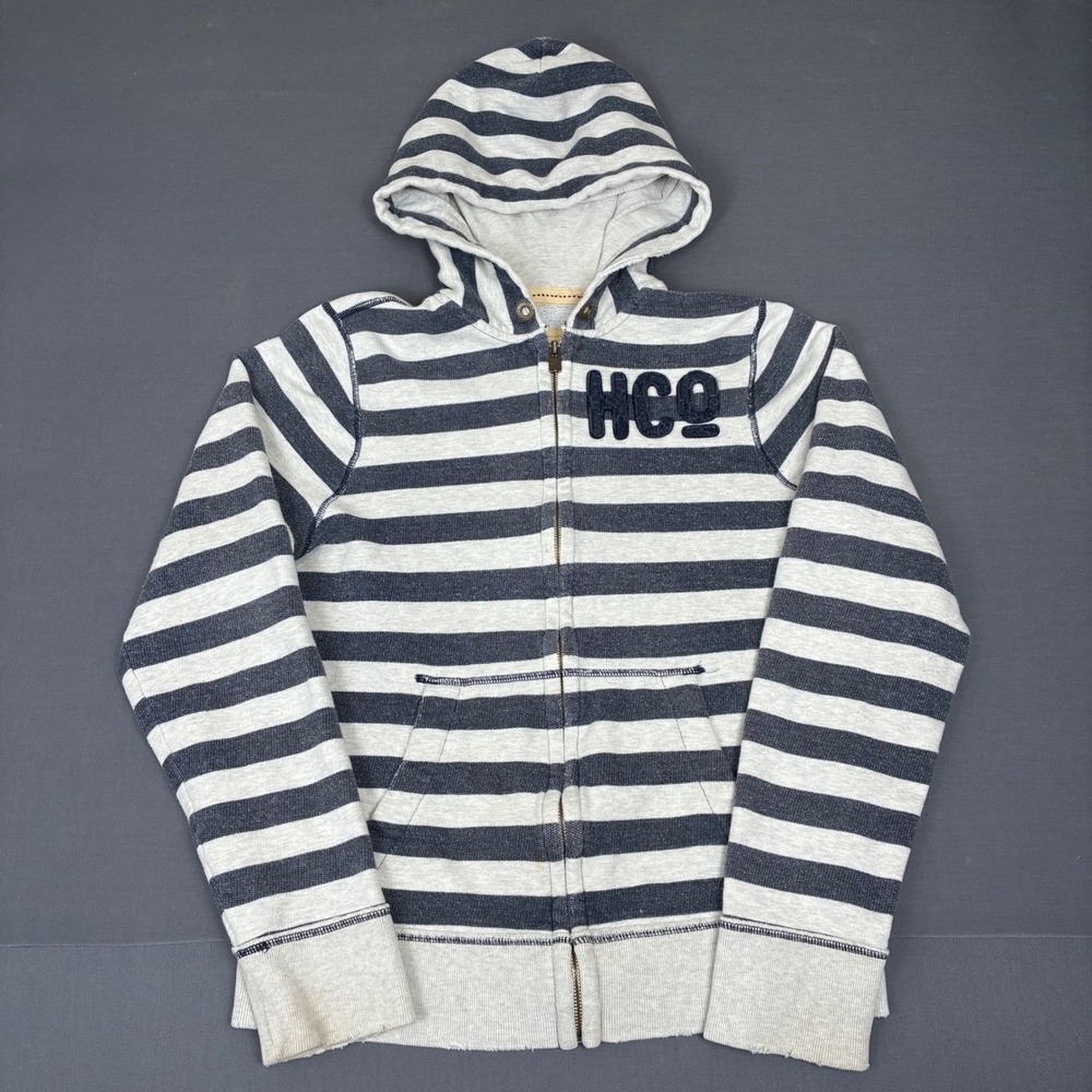 Y2K Hollister Striped HCO Full Zip Hoodie Men's Size Large White & Navy Blue